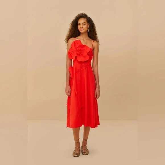 NWT Farm Rio Garden Linen Sleeveless Midi Dress Size XL 3D Appliqué